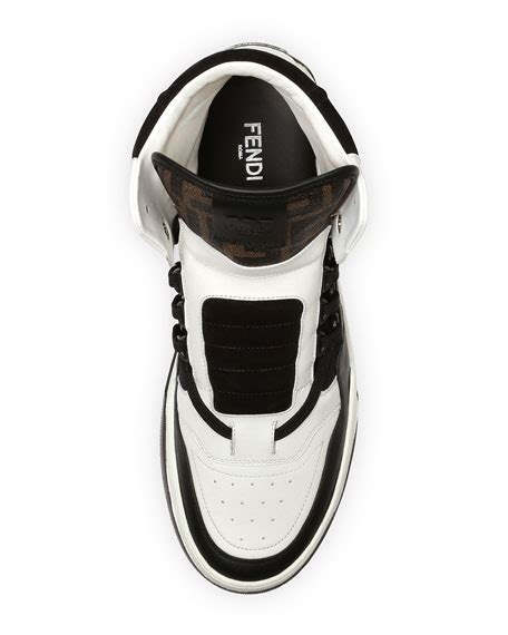 fendi tank zucca-print leather high-top sneaker white blue brown|Fendi polo shirts.